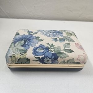 Blue Floral Jewelry Box w/Gold Trim, Mirror, Flocked Interior "